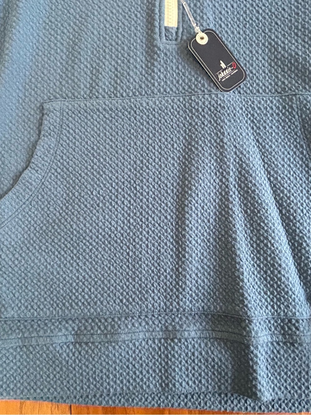 johnnie-O Blue Waffle Knit Half-Zip Hoodie with Cream Drawcords - Picture 3 of 4
